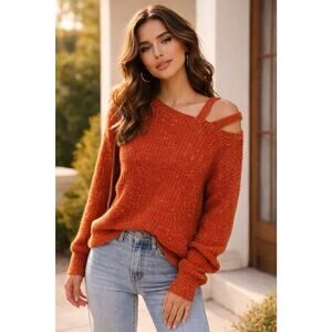 CBRAND Cutout Knit Sweater Women's Small Orange Black Fall Cozy Pullover Edgy